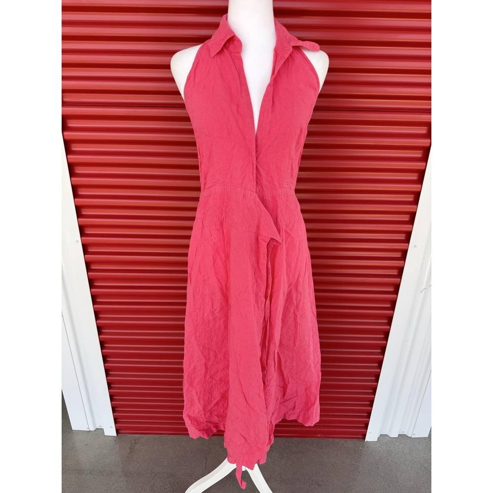 Max Mara Dress Womens 8 Pink Linen Halter Collared Midi Sundress A Line